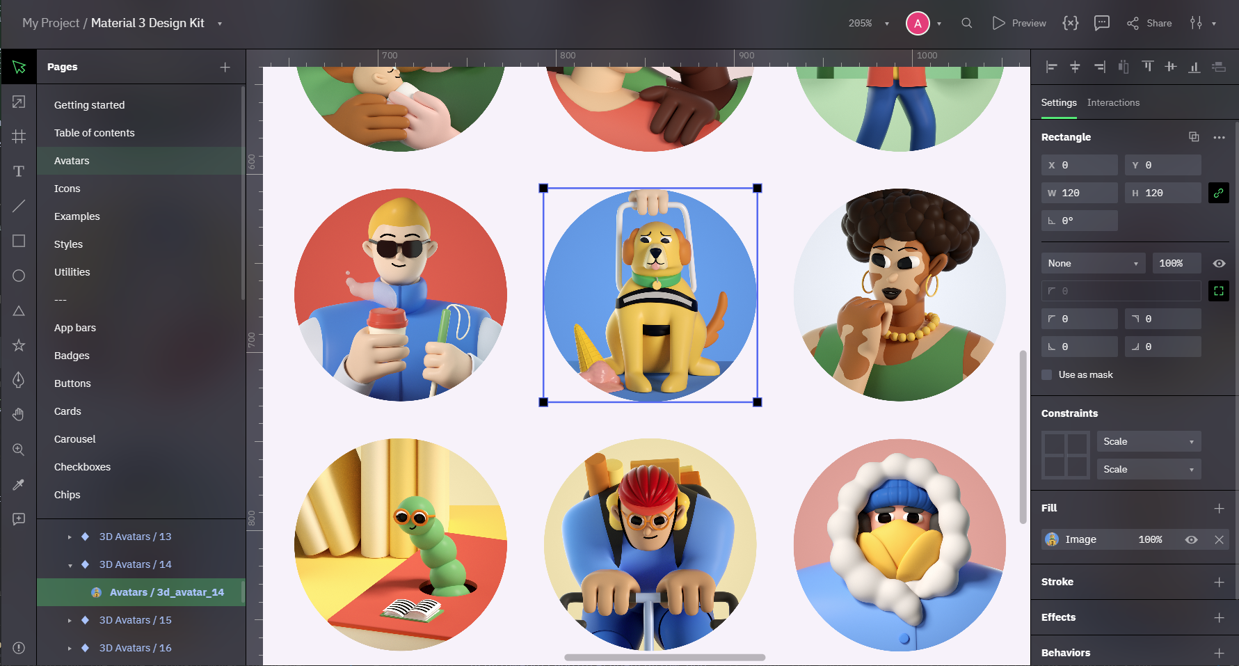 The Moio editor with a design kit open: the Pages and Layers panels on the left, a grid of avatar illustrations on the canvas with one selected, and the Settings tab of the right sidebar showing its size, corner radius, constraints and image fill.