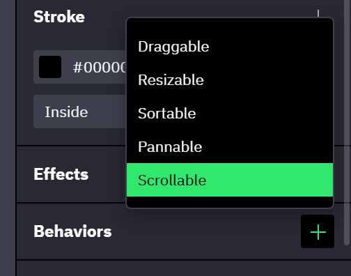 The Behaviors section at the bottom of the Settings tab, with the plus button open and Scrollable highlighted.
