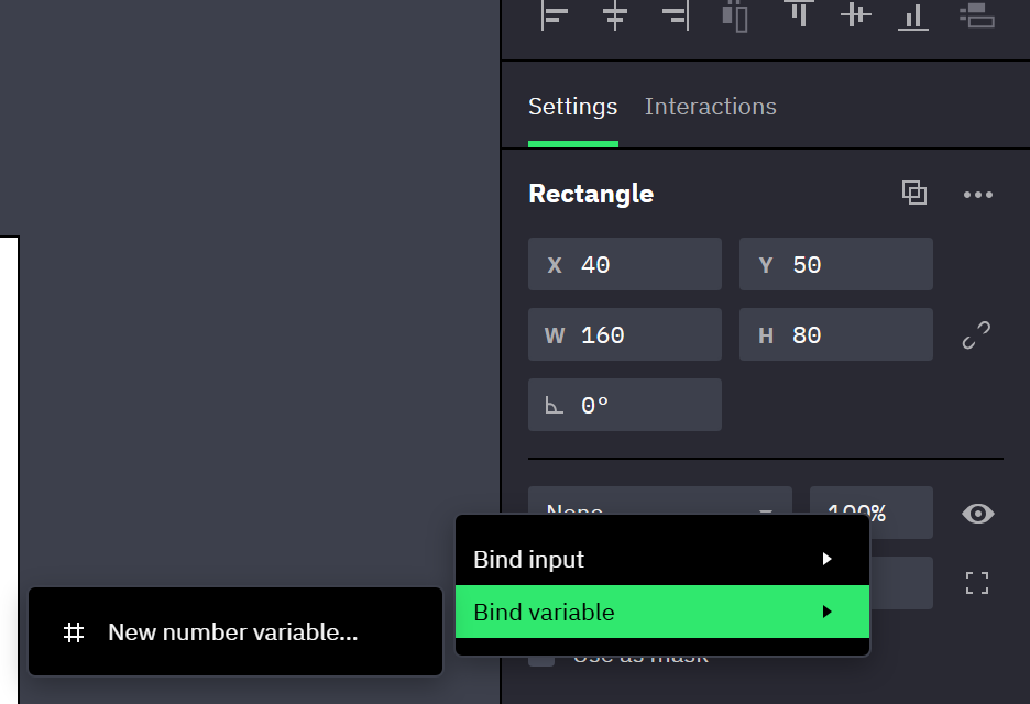 The Properties panel of a rectangle inside a component. The opacity field was right-clicked: the menu offers Bind input and Bind variable, and the Bind variable submenu offers New number variable.
