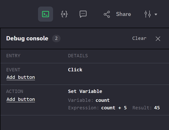 The preview header with the Debug console button on, and the Debug console below it after one click. An Event entry reads Click on the layer Add button. An Action entry reads Set Variable, with Variable count, Expression count + 5 and Result 45. The title shows the entry count 2, and Clear is beside it.