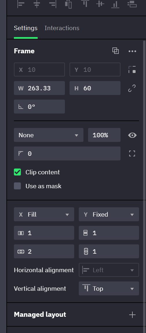 The Properties panel of a frame that is a grid item. Between the appearance fields and the Managed layout header sit the two sizing dropdowns, the Column, Row, Column span and Row span fields, here 1, 1, 2 and 1, and the Horizontal alignment and Vertical alignment dropdowns.