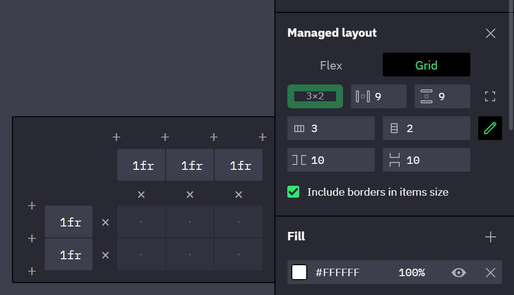 The Managed layout section of a grid with three columns and two rows. The pencil button beside the Column count and Row count fields is on, and the track editor is open to the left of the panel: a 1fr size field for every track, plus buttons at the track boundaries and × buttons beside the tracks.