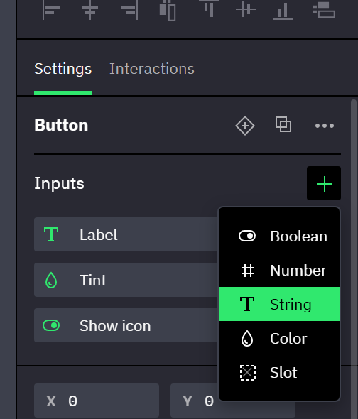 The Properties panel of a component named Button. The Inputs section lists the inputs Label, Tint and Show icon, and its plus button is open with the types Boolean, Number, String, Color and Slot.
