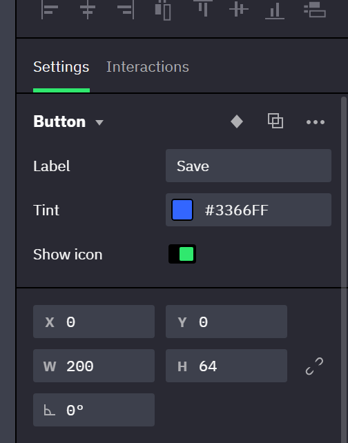 The Properties panel of an instance of Button. Directly below the header, three rows without a section title: Label with the text Save, Tint with a color, and Show icon with a switch.