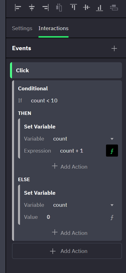 The Interactions tab with one Click event. Its Conditional action has the condition count < 10. Under Then is a Set Variable action with the expression count + 1, under Else a Set Variable action with the value 0. Add Action appears under Then, under Else and under the event.