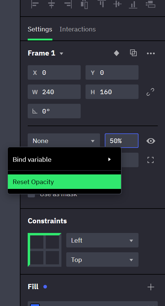 The Properties panel of an instance. The opacity field reads 50% and has a blue border, and a blue dot follows the Fill section title. The opacity field was right-clicked: the menu offers Bind variable and Reset Opacity.
