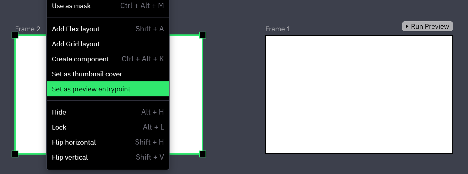 Two artboards on the canvas. The context menu of the left one is open on Set as preview entrypoint. The right one is already an entrypoint and has a Run Preview button above its top-right corner, level with its label.