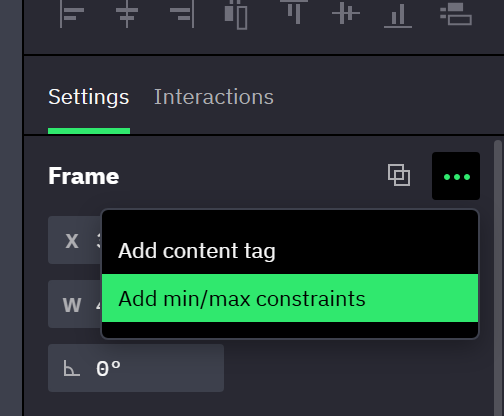 The Properties panel with the three-dot button in its header open, showing the menu items Add content tag and Add min/max constraints.