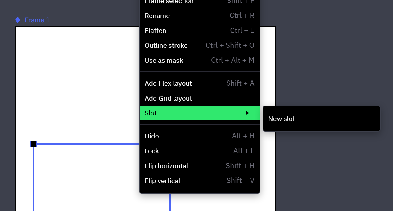 The context menu of a frame inside a component, with the Slot item open and showing New slot.