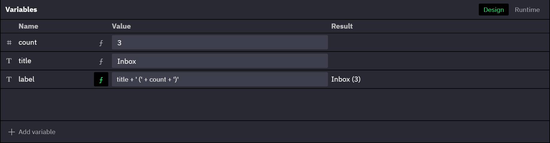 The Variables panel on its Design tab, with the columns Name, Value and Result. The number variable count is 3 and the string variable title is Inbox. The string variable label has its ƒ button on and holds an expression; its Result column reads Inbox (3). Add variable is at the bottom.