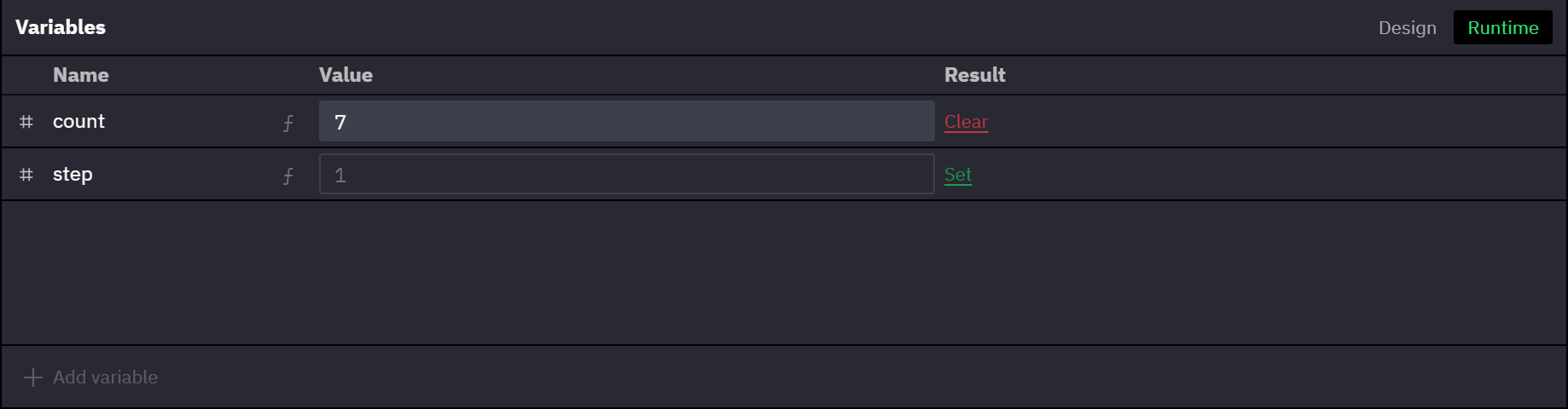 The Variables panel on its Runtime tab. The variable count has a runtime value of 7 and a Clear link. The field of the variable step is locked, shows the design value 1 and has a Set link. Add variable is disabled.