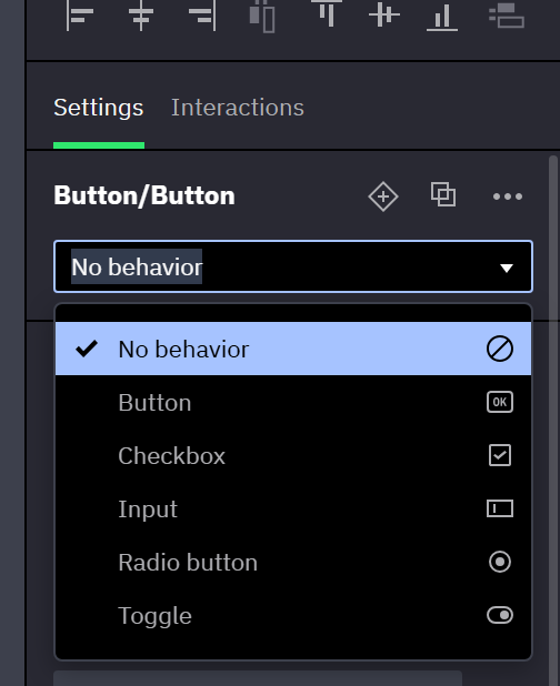 The Properties panel of a variant named Button/Button. The header holds the diamond button with a plus, Add variant. Below it the Behavior dropdown is open: No behavior, Button, Checkbox, Input, Radio button and Toggle.