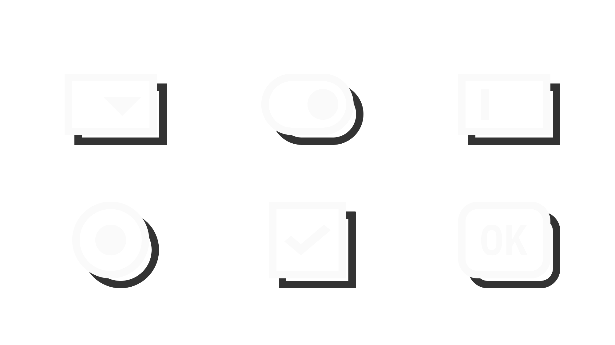 Six white minimalist UI icons on green background: dropdown arrow in rectangle, toggle switch, battery, radio button, checkbox with check mark, and rounded button with OK text.