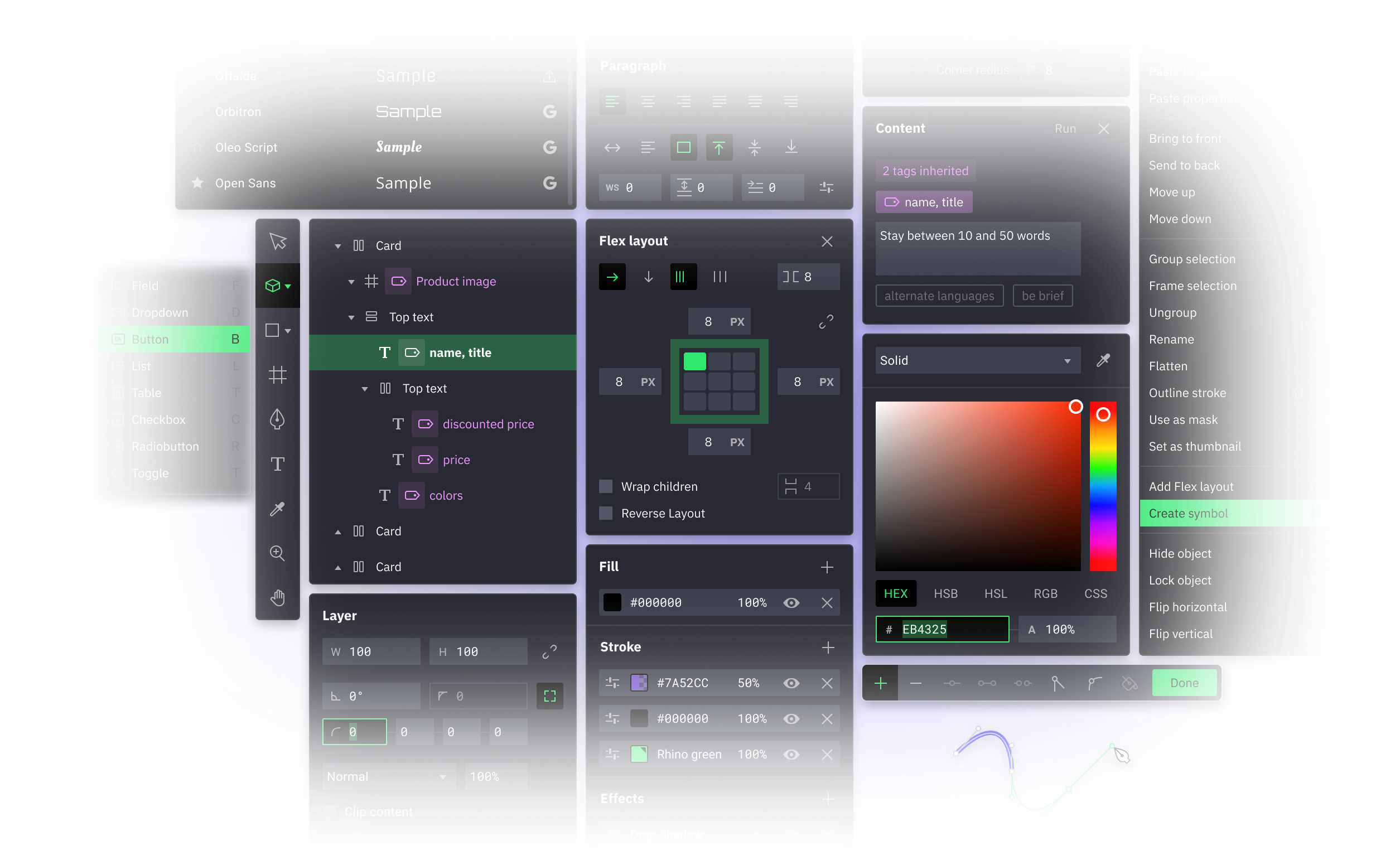 Interface of a design editor showing controls for text styles, flex layout, color fill with hex code, layers, and alignment options.