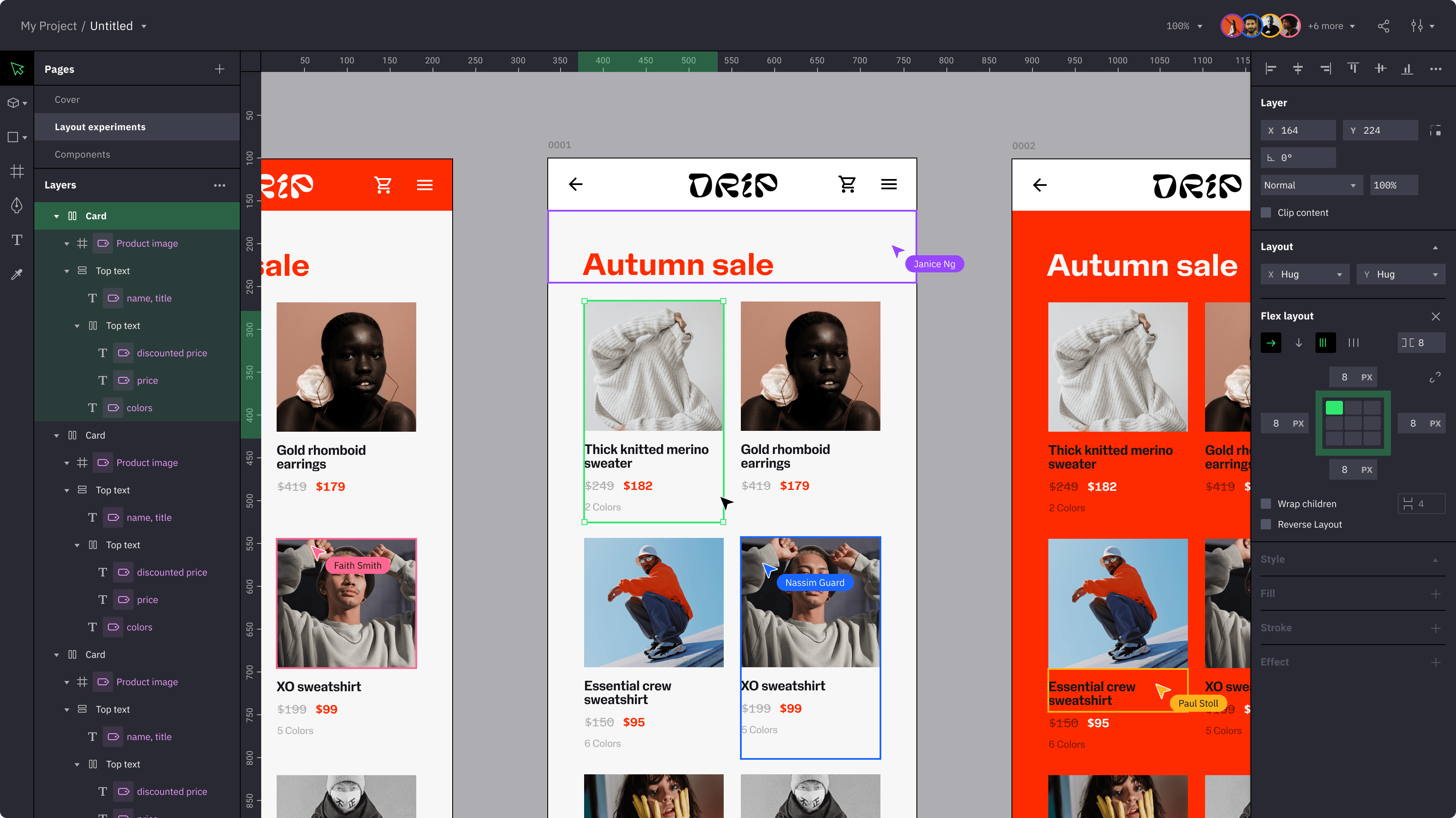 UI design interface showing a project with product cards featuring photos, names, prices, discounts, colors, and user interaction tags.